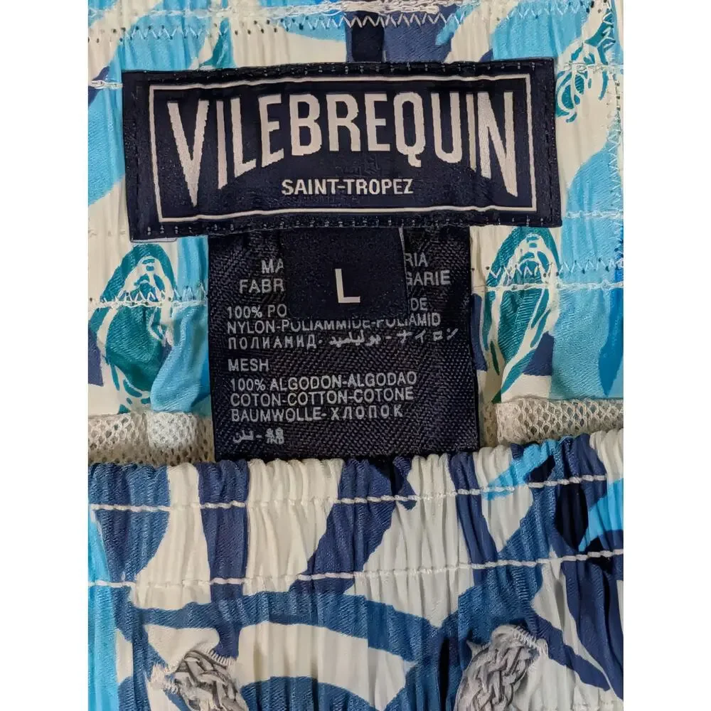 Vilebrequin Moorea Swim Trunks Large Blue White Olive Branch Leaf Print Mens